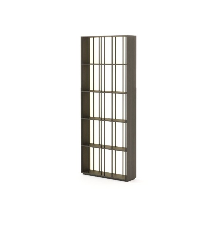 La libreria Buren è mostrata su uno sfondo bianco come una struttura alta in legno scuro, definita da linee verticali e orizzontali equidistanti che creano una griglia ritmica e ne sottolineano la presenza architettonica e minimalista.