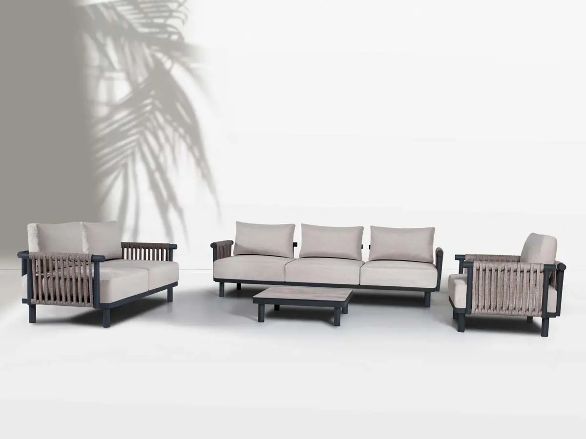 The luxurious form created by natural-looking woven ropes is complemented by ergonomic cushions with mesh fabric. 