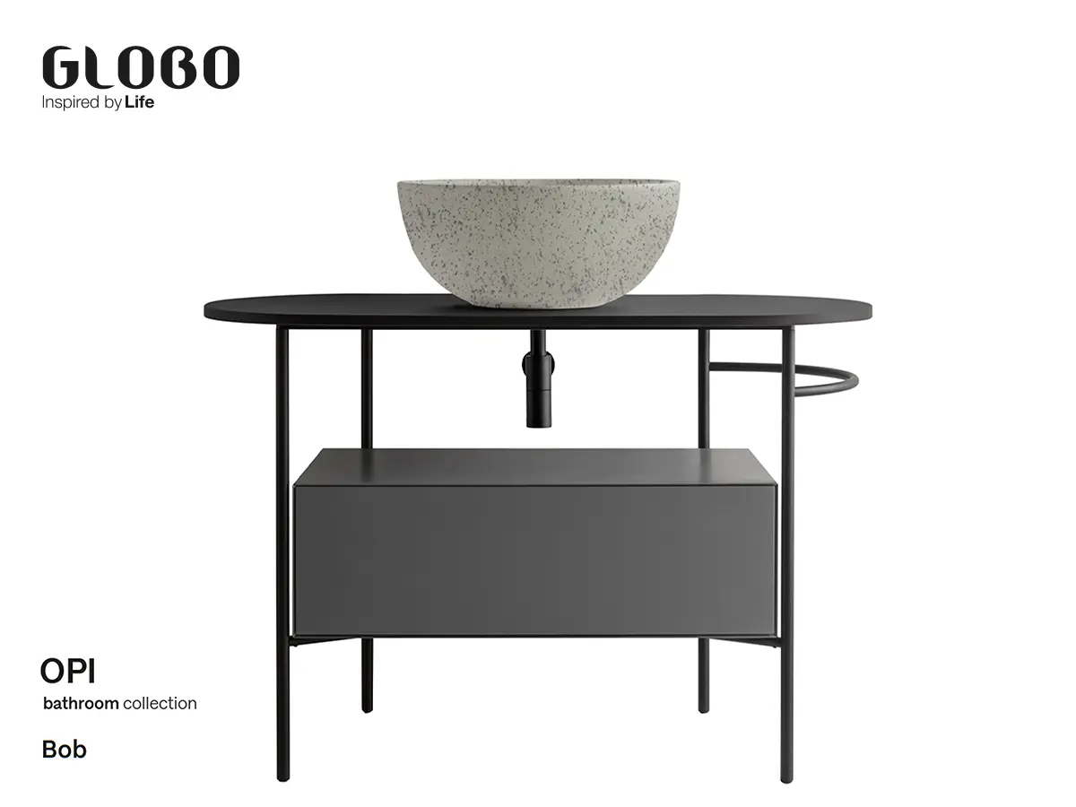 Floor mounted structure OPI Bob Ceramica Globo Basin Graniglia Ghiaccio, Shelf Bromo e Base Smoke