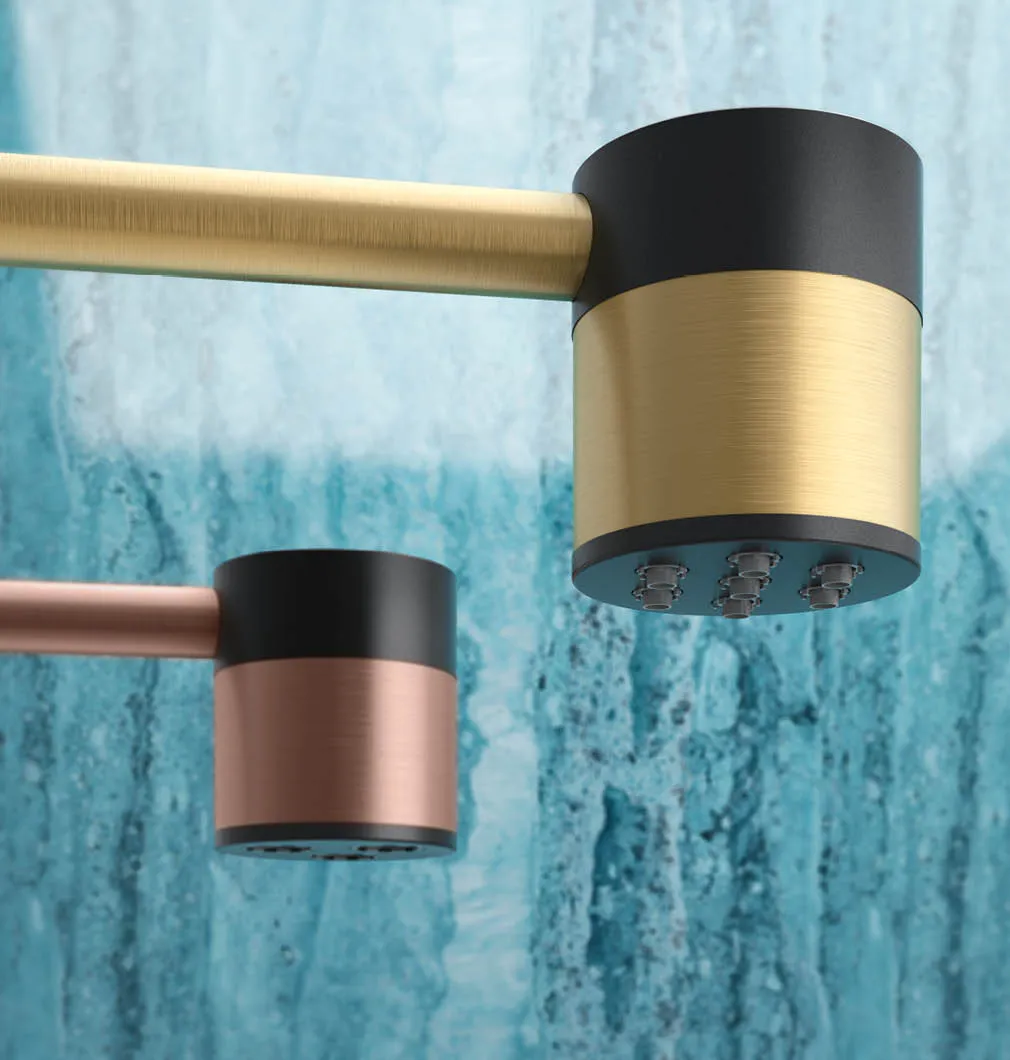 Ø 70 mm shower head with 7 soft-flow nozzles and wall-mounted shower arm, brushed gold PVD - SWN1 Ø 70 mm shower head with 3 rain function aerators and wall-mounted shower arm, brushed roseè PVD - SWN2