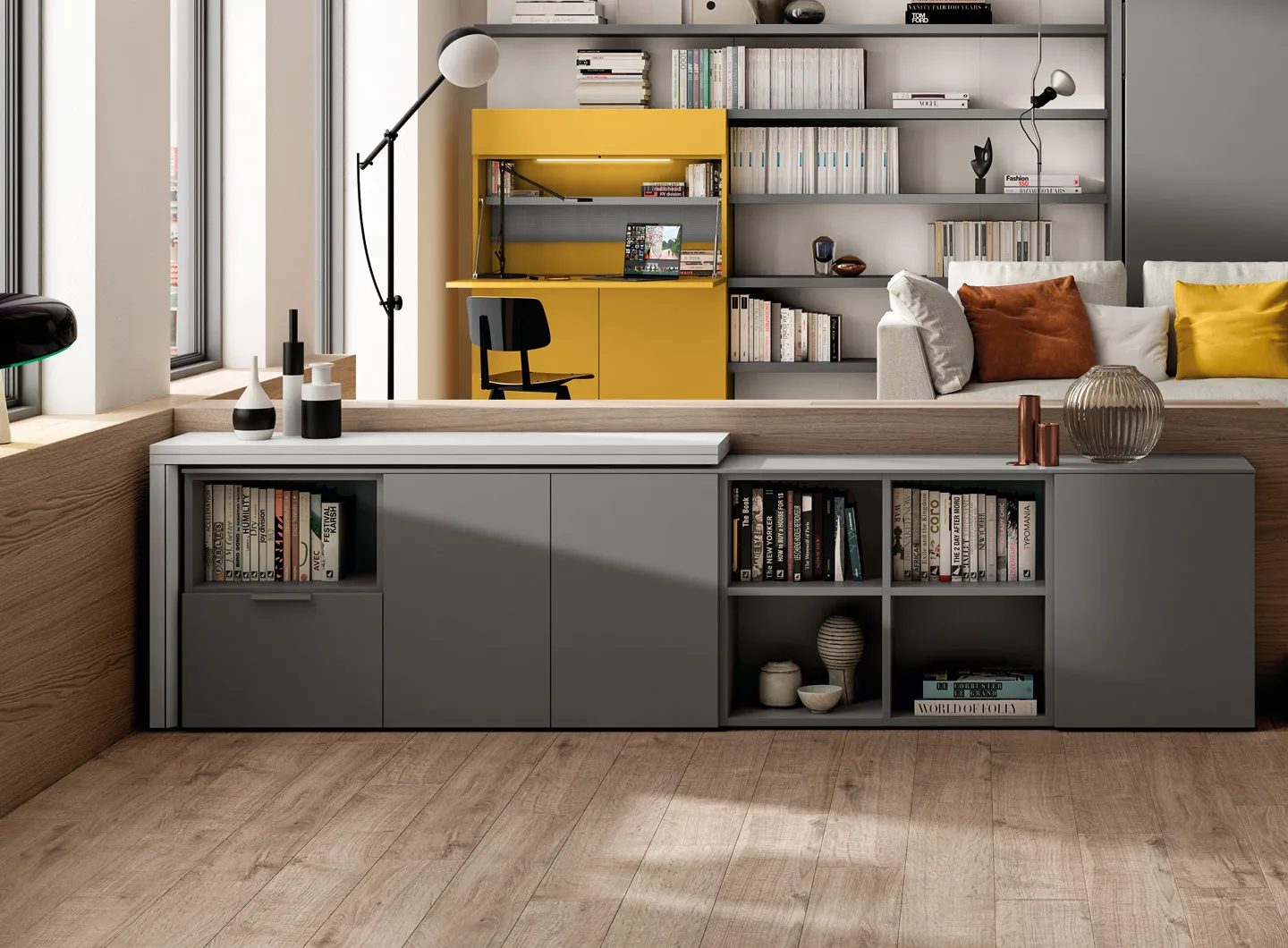 Girò with floor storage units