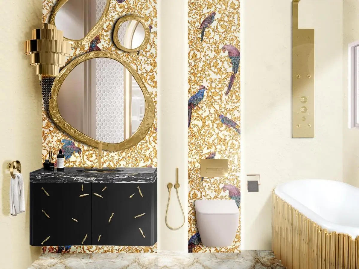 Golden isnpired bathroom design with baraka single suspension cabinet.