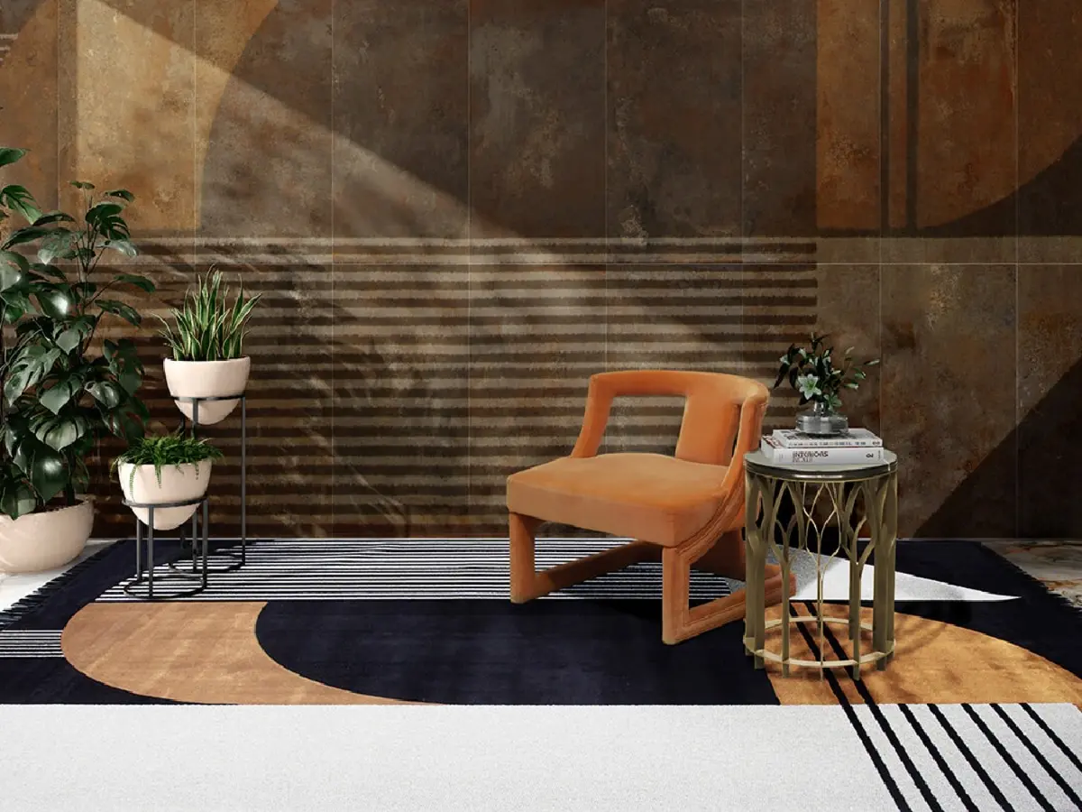 EARTH-TONED READING CORNER WITH ANTELOPE GEOMETRIC RUG