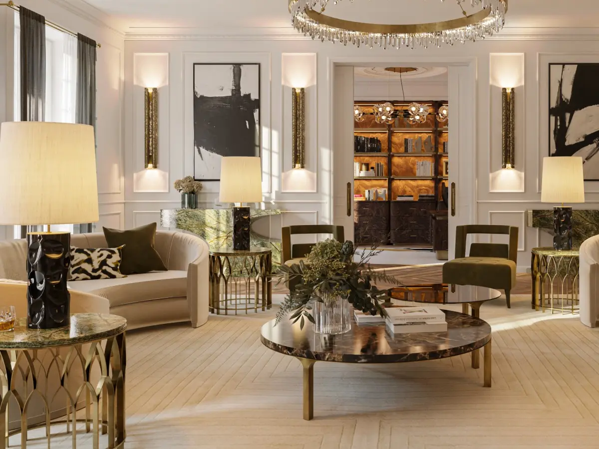 Modern Living Room in White and Gold Tones