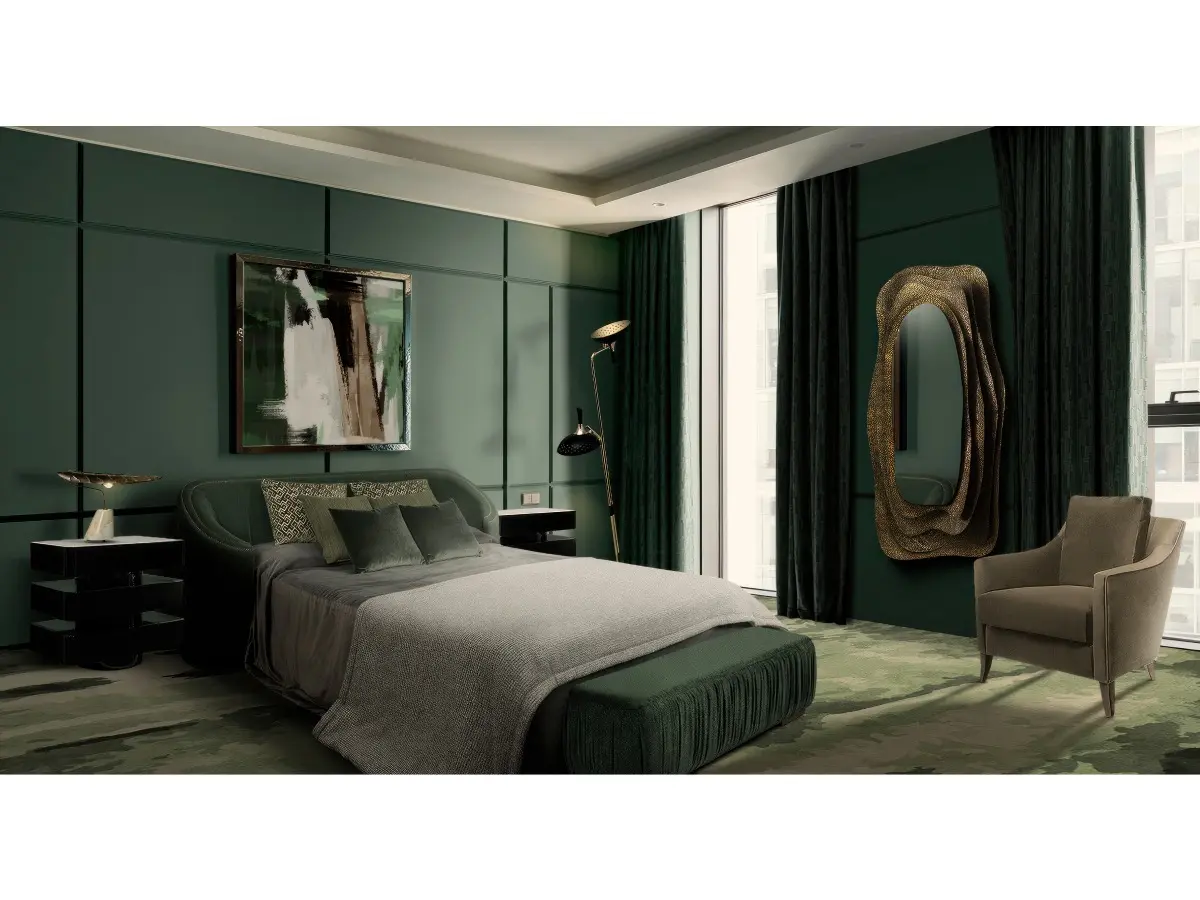 Refined serenity: A modern bedroom with the timeless elegance of the KUMI I mirror