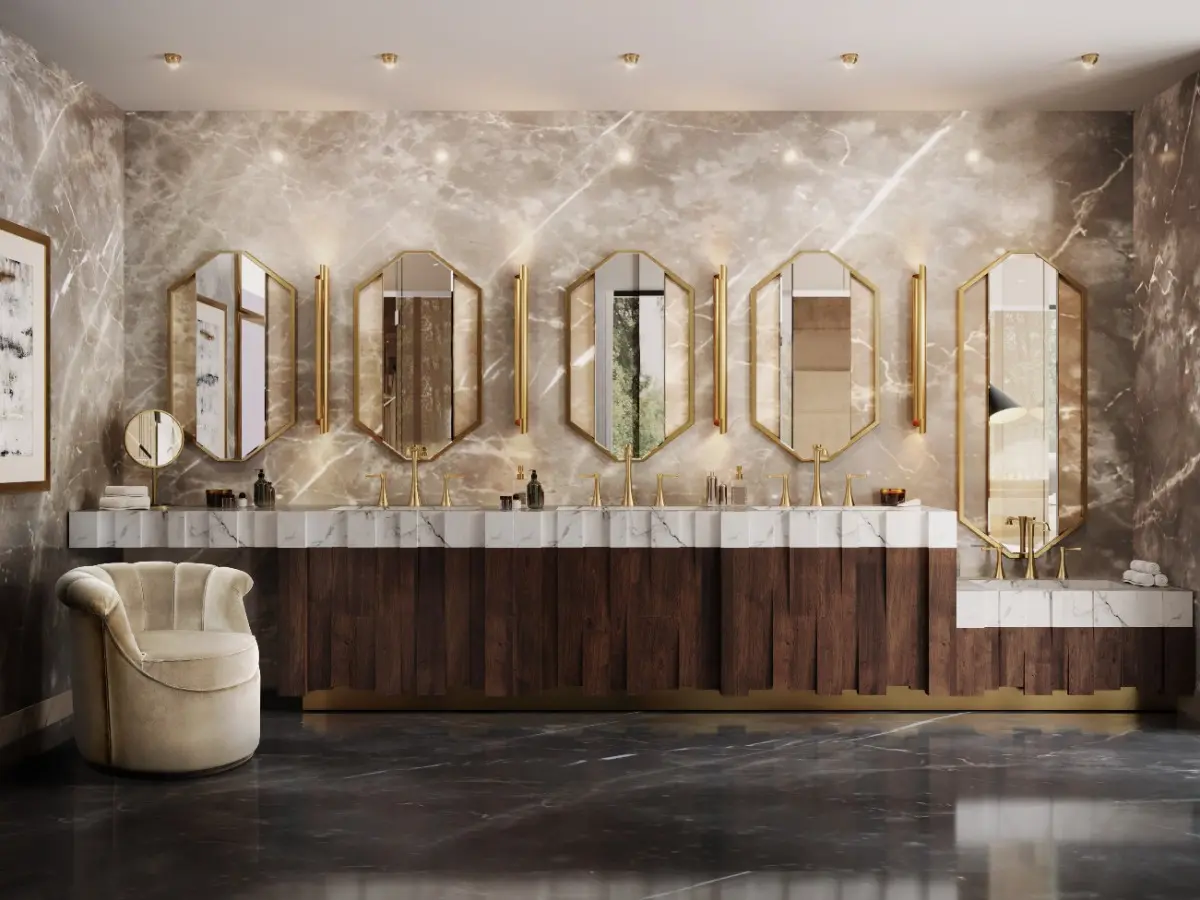 LUXURY HOTEL BATHROOM INTERIOR WITH NAZCA VANITY CABINET AND SAPPHIRE MIRROR