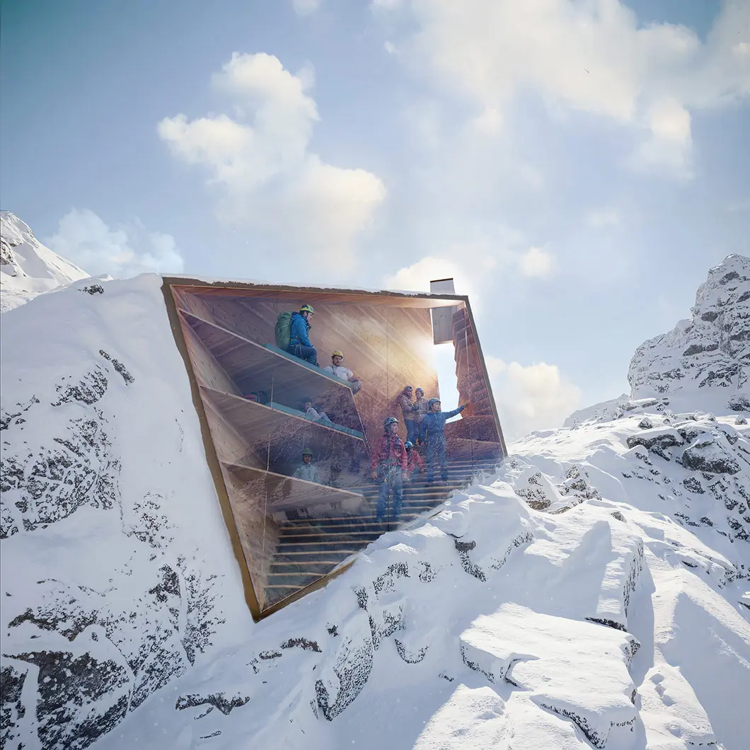 Wide exterior view of the Alpine bivouac designed by CRA-Carlo Ratti Associati