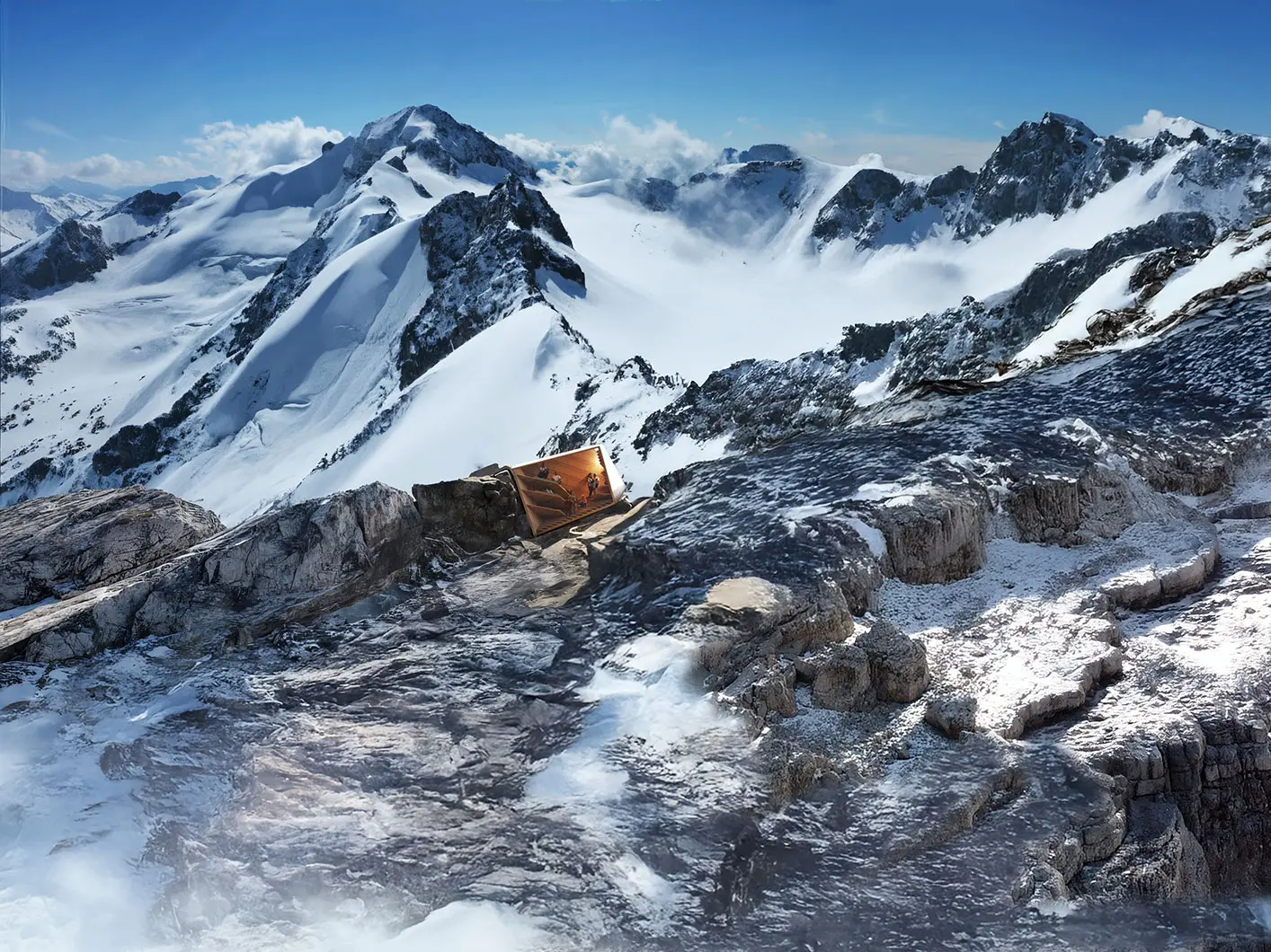 Wide exterior view of the Alpine bivouac designed by CRA-Carlo Ratti Associati