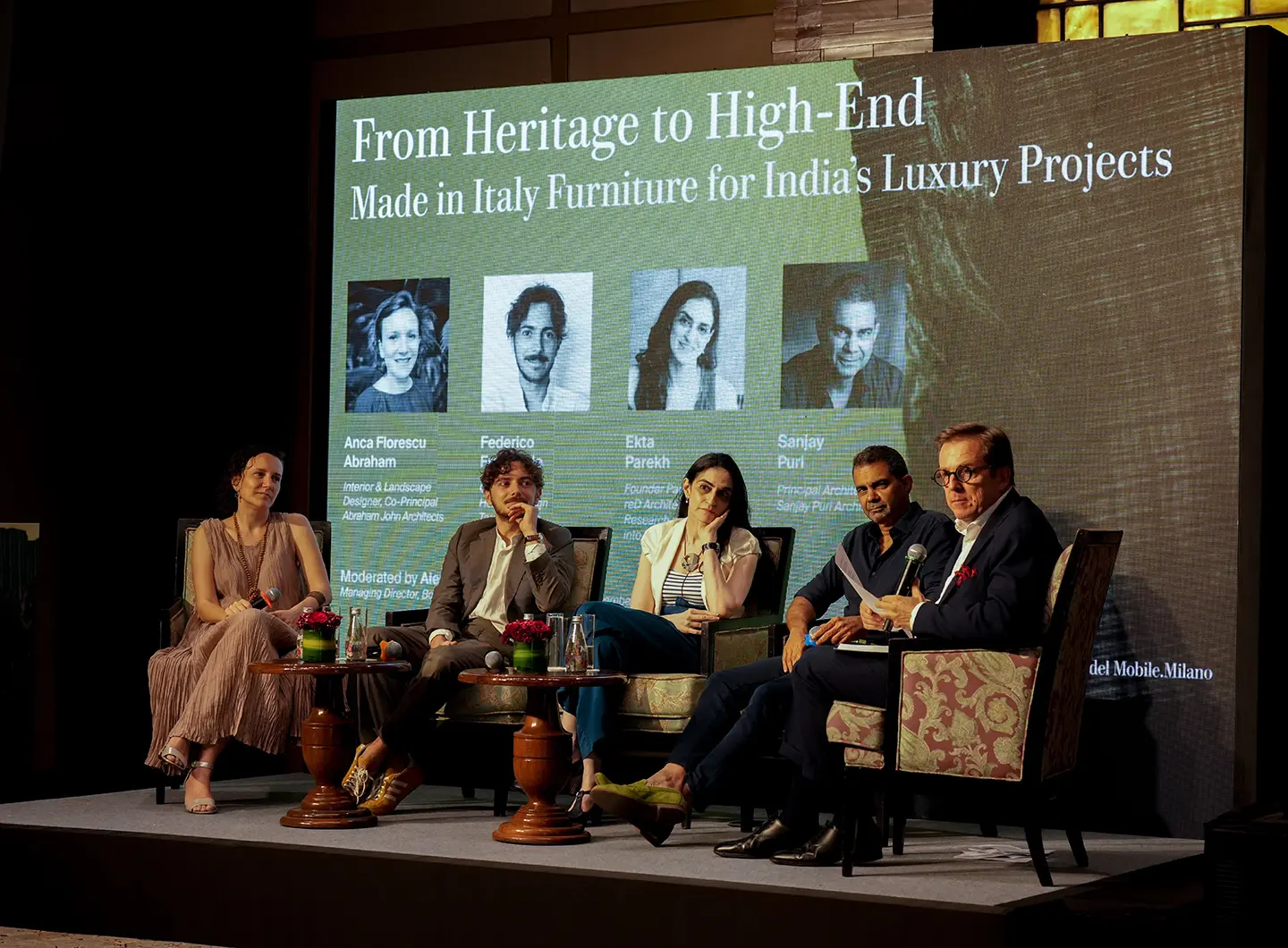 Da sinistra: Anca Florescu Abraham, Interior & Landscape, Designer, Co-Principal, Abraham John Architects; Federico Fraternale, Co-Founder e Head of Design, Tarocollective; Ekta Parekh, Founder Partner, reD Architects, Research and Enquiry into Design; Sanjay Puri, Principal Architect, Sanjay Puri Architects; Alessandro Giuliani, Managing Director, Bocconi Asia & President, Indo-Italian Chamber of Commerce and Industry