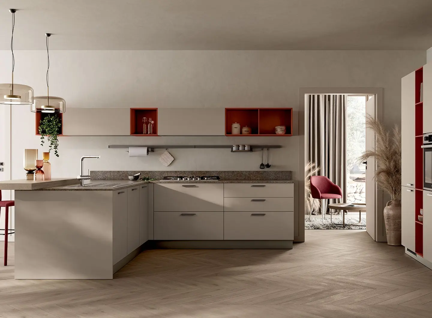 Cucina Moda - ante decorativo Juta ed elementi a giorno laccato opaco Mattone.