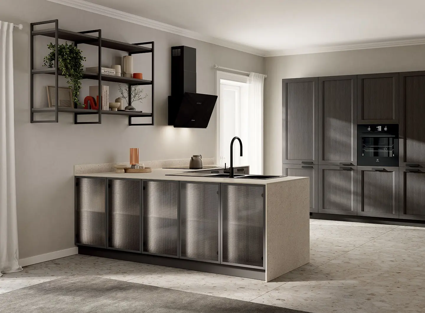 Cucina Moda - ante telaio decorativo Rovere Town e ante telaio alluminio finitura Antracite con vetro Screen.