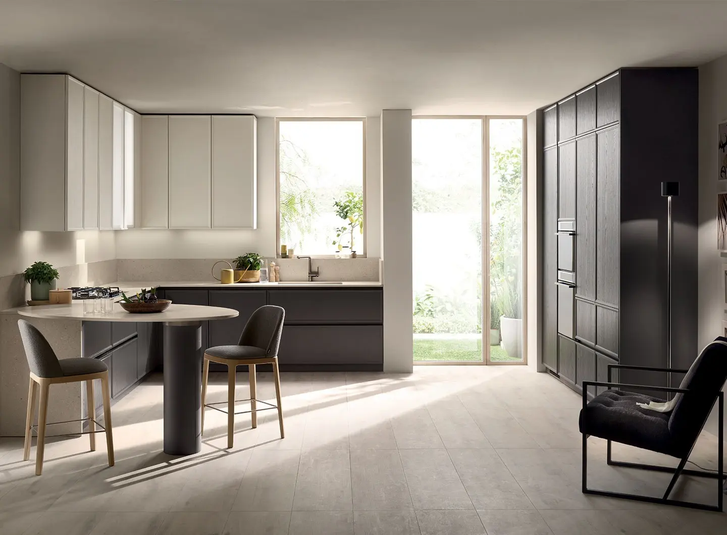 Cucina Poetica -  ante telaio legno Frassino Riso, Frassino Grigio Ferro e telaio legno Frassino Riso con vetro Millerighe Satinato.
