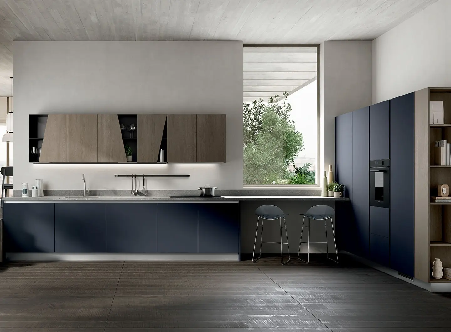 Cucina Regola - ante decorativo Ink Blue, ante decorativo Rovere Gessato ed elementi a giorno in metallo finitura Antracite.