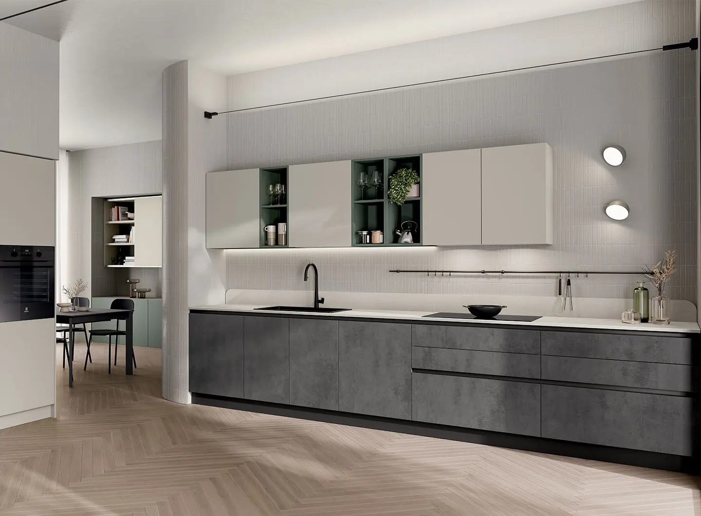 Cucina Regola - ante decorativo Concrete Dark, decorativo Canapa ed elementi a giorno decorativo Selva.