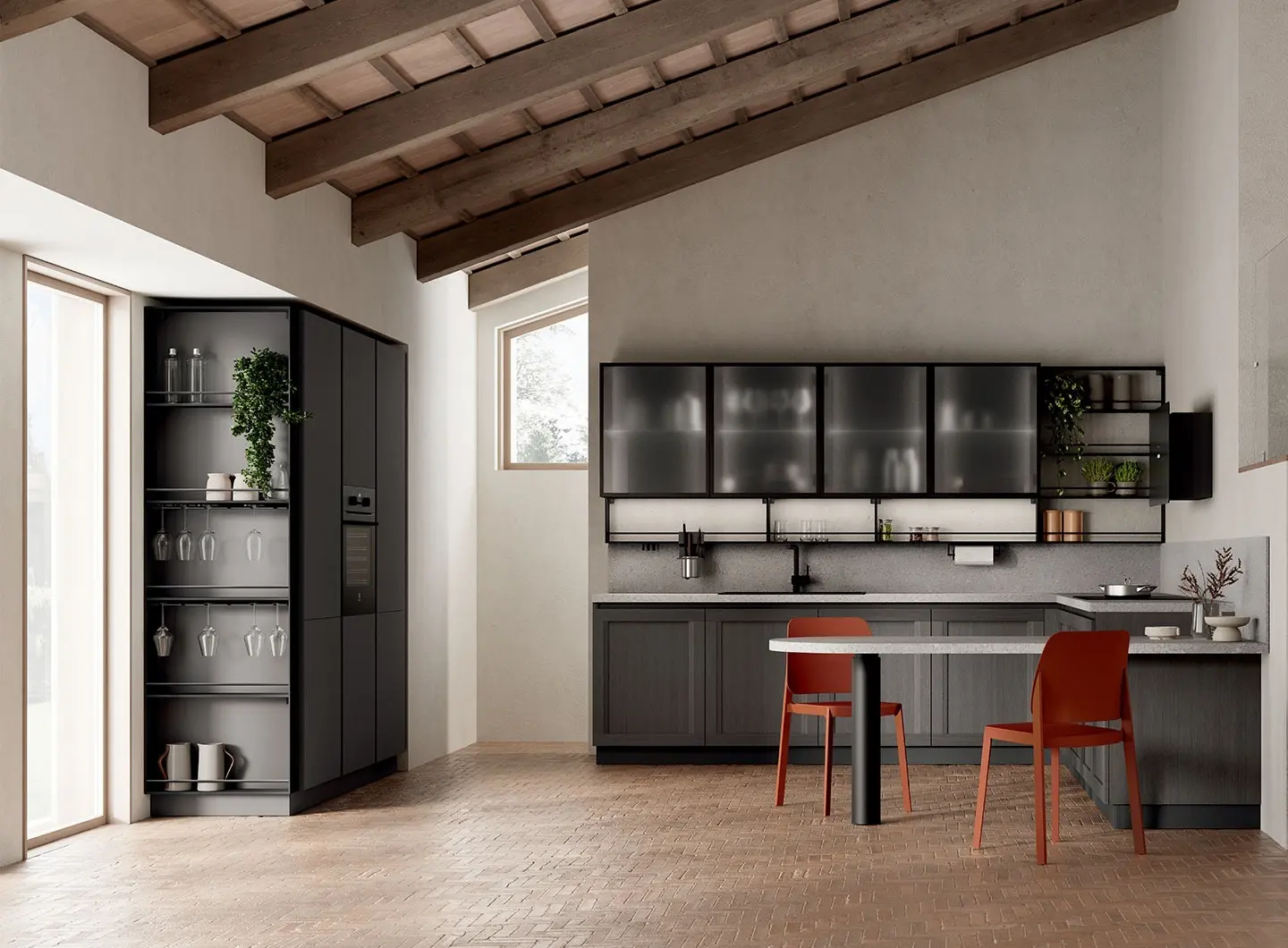 Cucina Regola - ante telaio decorativo Rovere Town, ante piane decorativo Grigio Ferro e ante telaio alluminio finitura Antracite e vetro Screen.