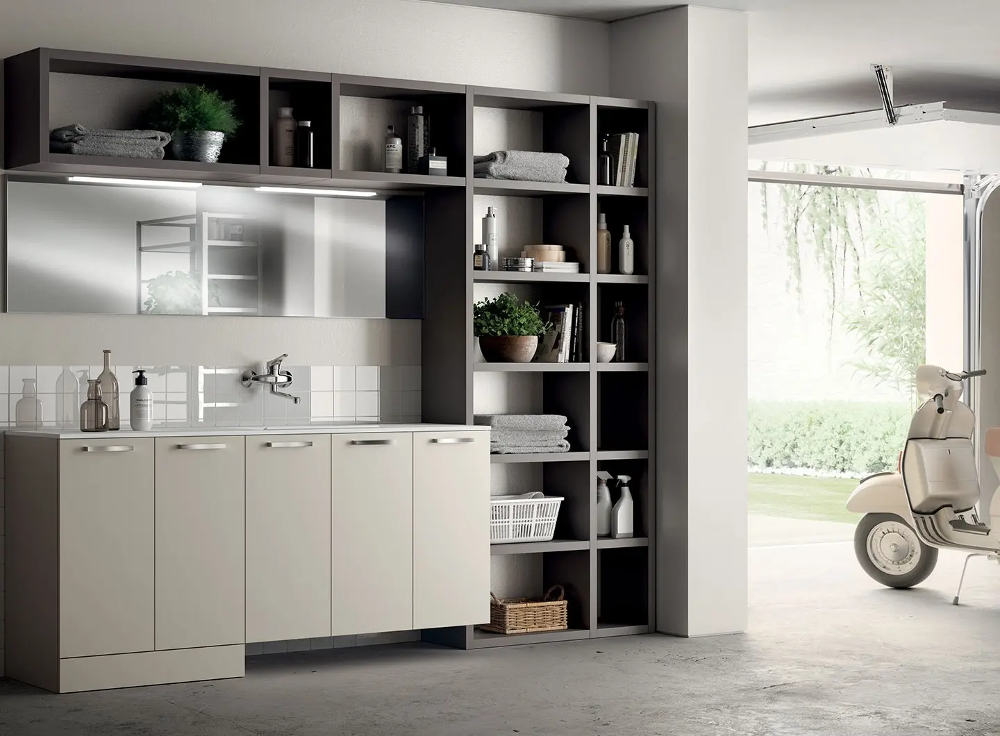 Laundry Space | Aquo - ante in decorativo Grigio Gabbiano. Sistema Parete “Fluida” in decorativo Grigio Ferro.