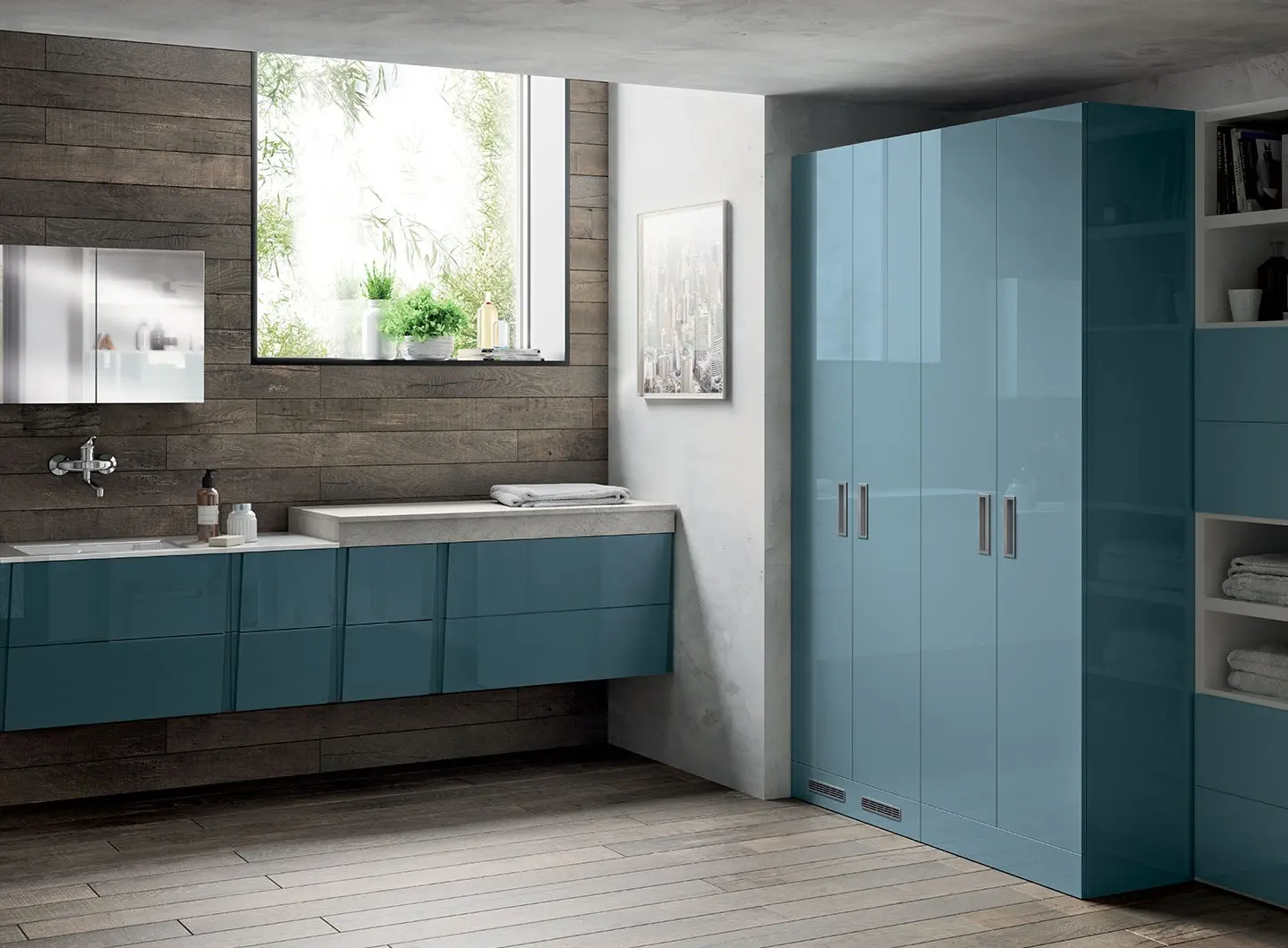 Laundry Space | Aquo - ante in decorativo Rovere Landscape. Portabiancheria Trolley e armadi in decorativo Bianco. Sistema Parete “Fluida” in decorativo Bianco Puro.