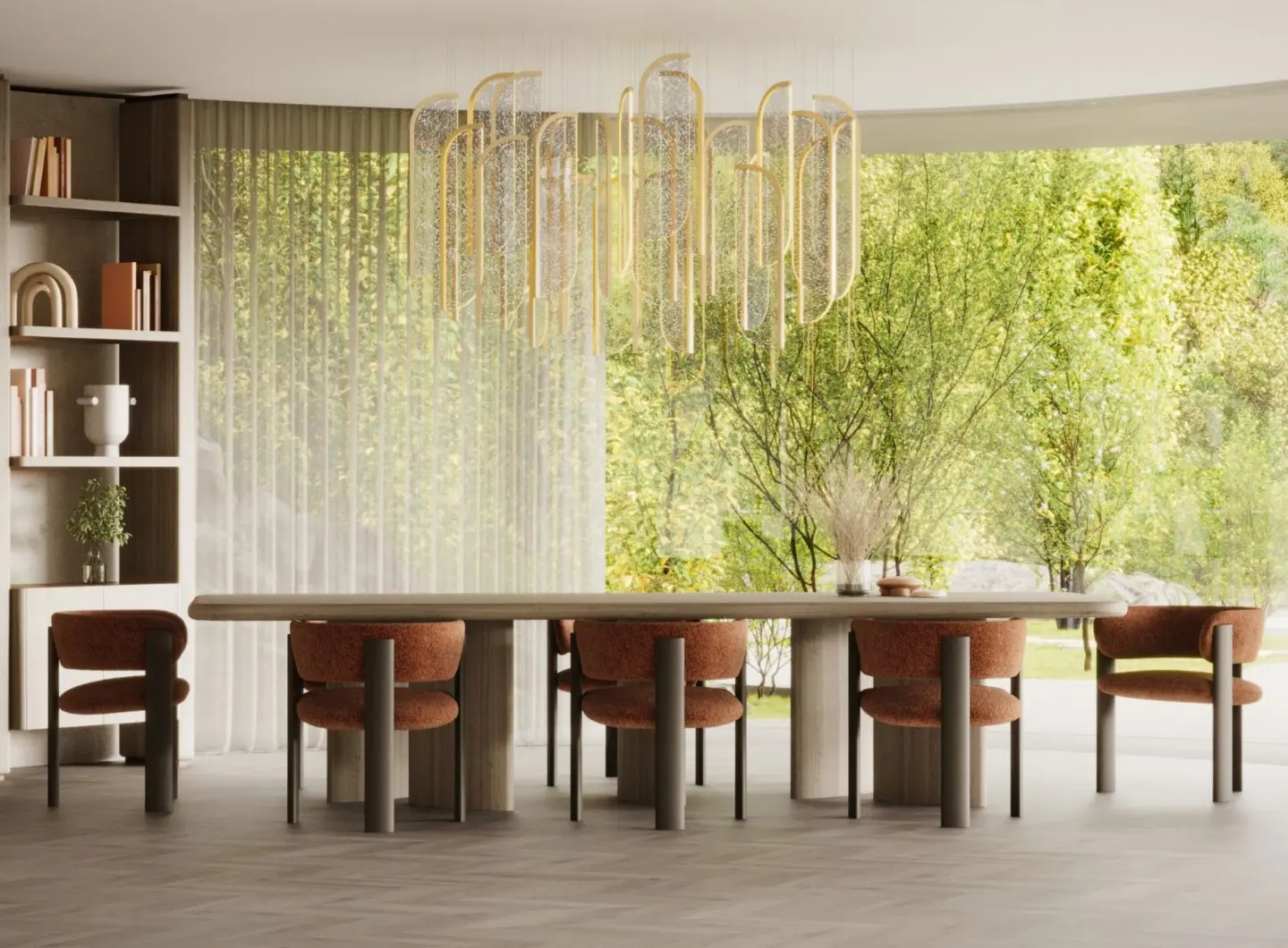 Una sala da pranzo in stile contemporaneo che mette in risalto il tavolo Dolomites, abbinato alle sedie Dolomites in tonalità ruggine e illuminato da un lampadario scultoreo in vetro e oro. Un ambiente caldo e moderno che esalta l'eleganza dell'arredamento di lusso della sala da pranzo.