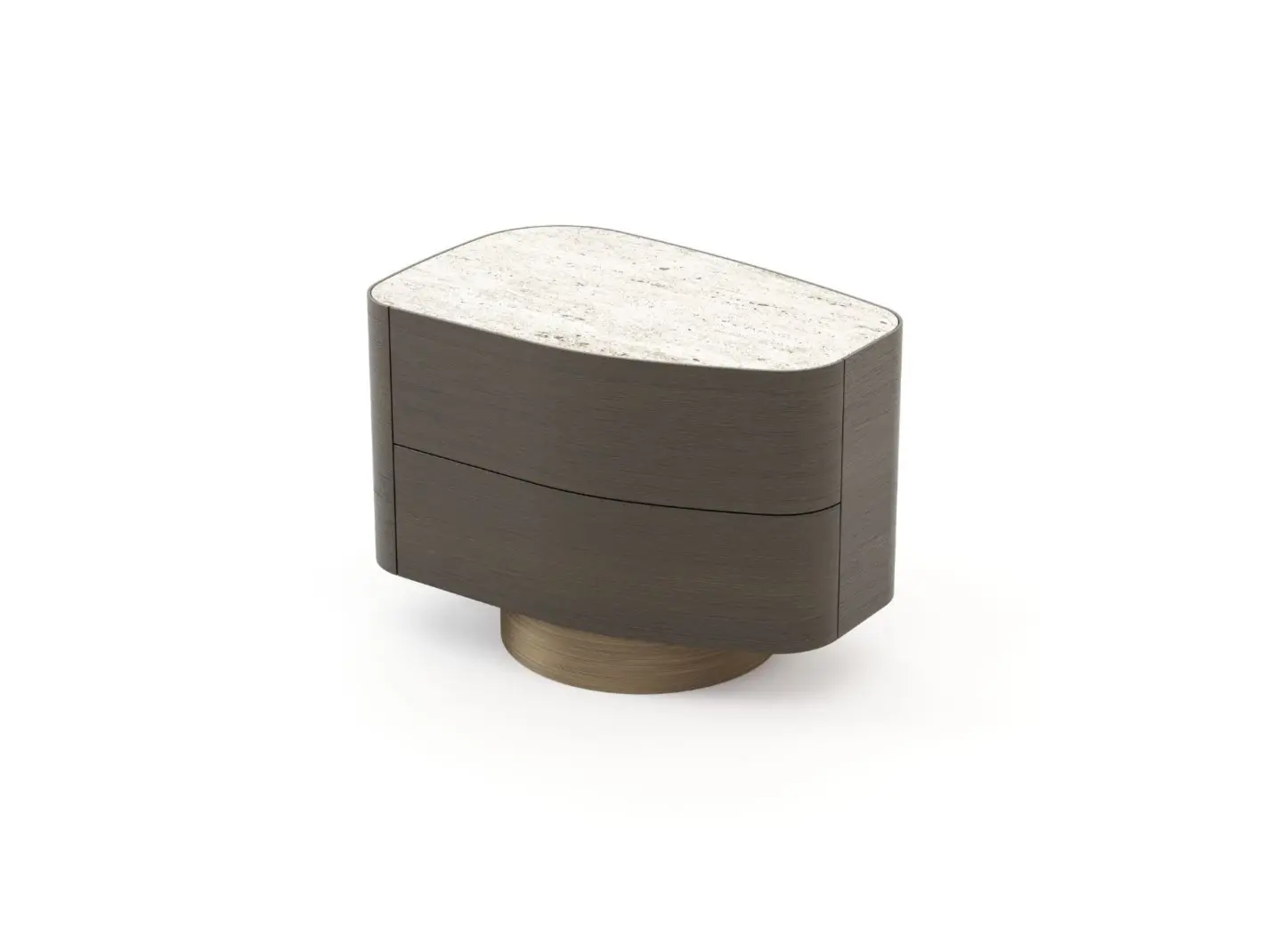 Il tavolino Stone, realizzato in legno di noce scuro con due cassetti arrotondati e un piano in marmo chiaro, poggia su una base a piedistallo in bronzo spazzolato ed è presentato in un ambiente minimalista che ne esalta la forma morbida e scultorea.