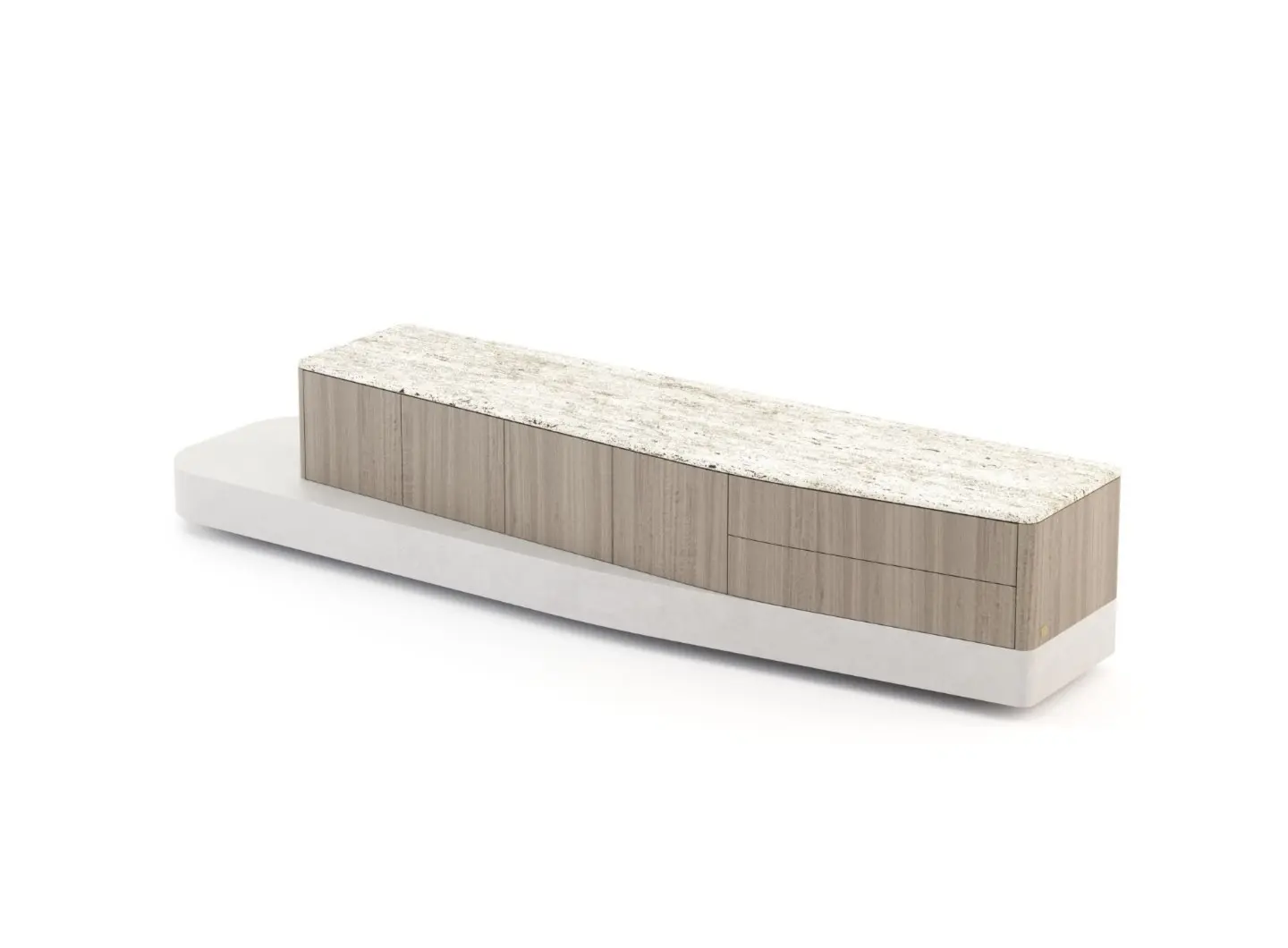 Il mobile TV Stone si presenta come un insieme armonioso composto da una base in microcemento, una sezione centrale in legno chiaro con venature verticali ben definite e un piano in travertino, caratterizzato da sottili linee dei cassetti sul lato destro in un ambiente dagli interni minimalisti.
