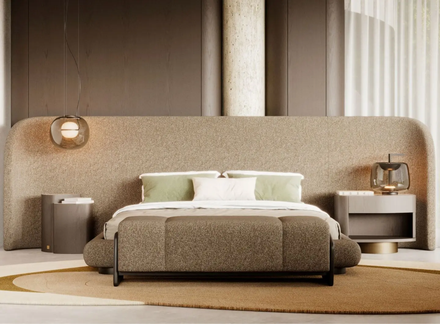 Il Tavolino di servizio Dolomites è mostrato in una camera da letto con una grande testiera imbottita, presentato come un comodino marrone dalle linee semplici e dalla forma organica accanto al letto, decorato con libri e illuminato da una lampada a sospensione sferica.