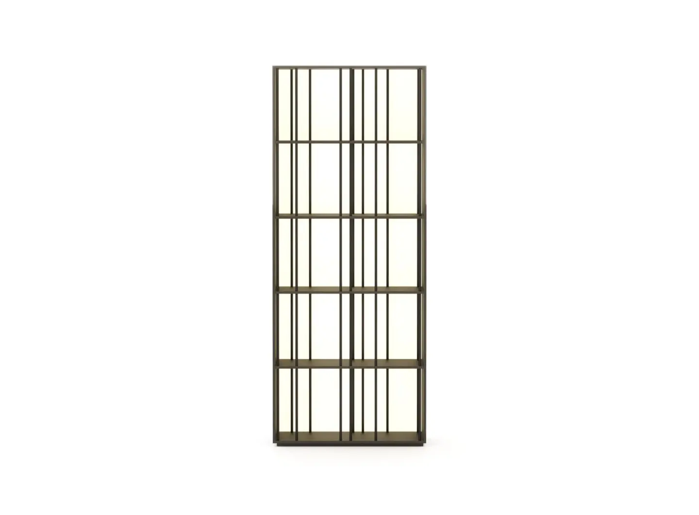 La libreria Buren appare come un’alta struttura aperta in finitura bronzo, definita da barre verticali e orizzontali che creano una griglia simmetrica e ne sottolineano il carattere minimalista e contemporaneo.
