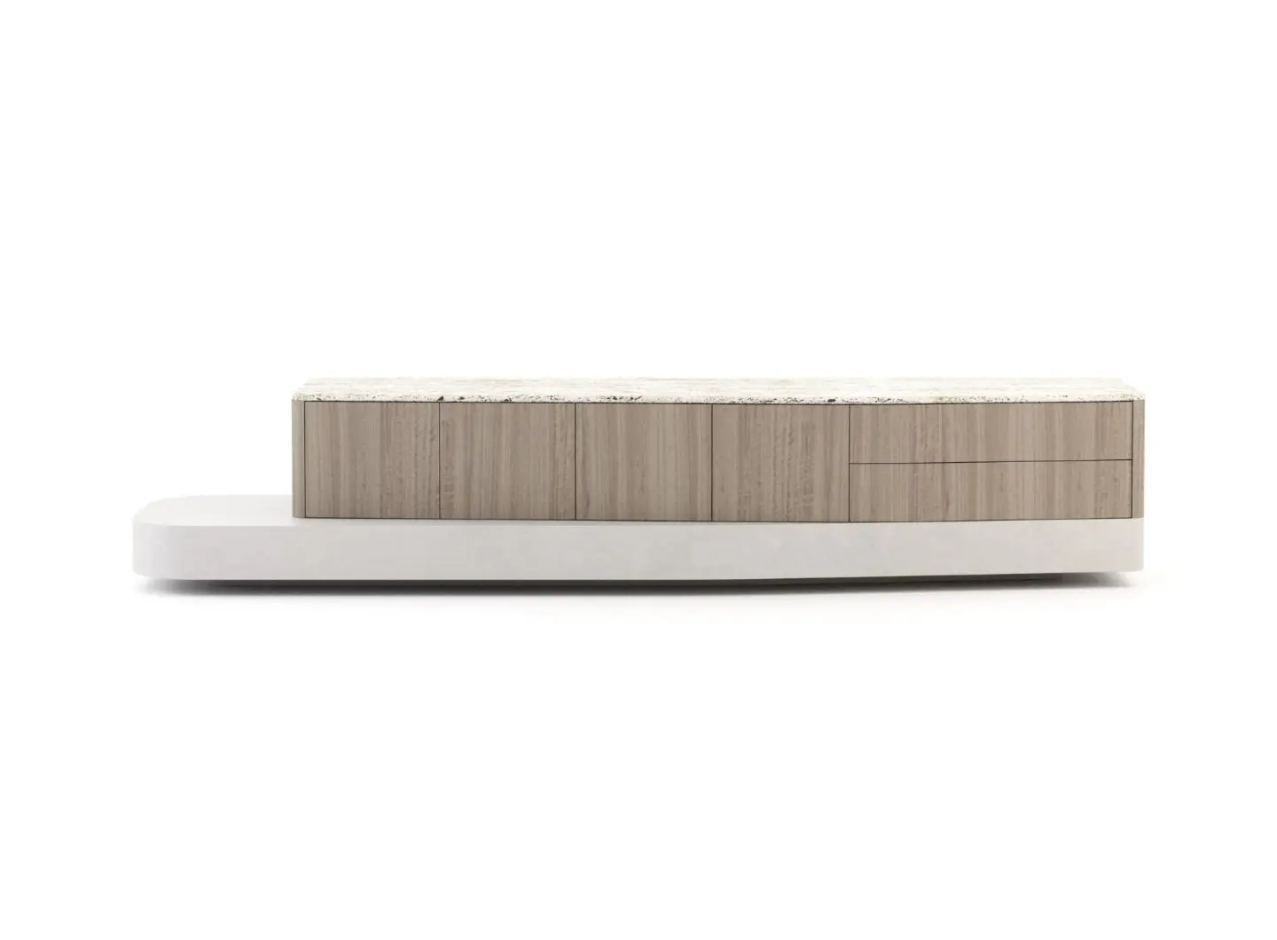 Il mobile TV Stone si presenta come un mobile basso di forma rettangolare con una base in microcemento, un corpo in legno marrone chiaro caratterizzato da pannelli dalle linee pulite e privi di maniglie, e un piano in travertino screziato, inserito in un ambiente minimalista che ne esalta i materiali naturali.