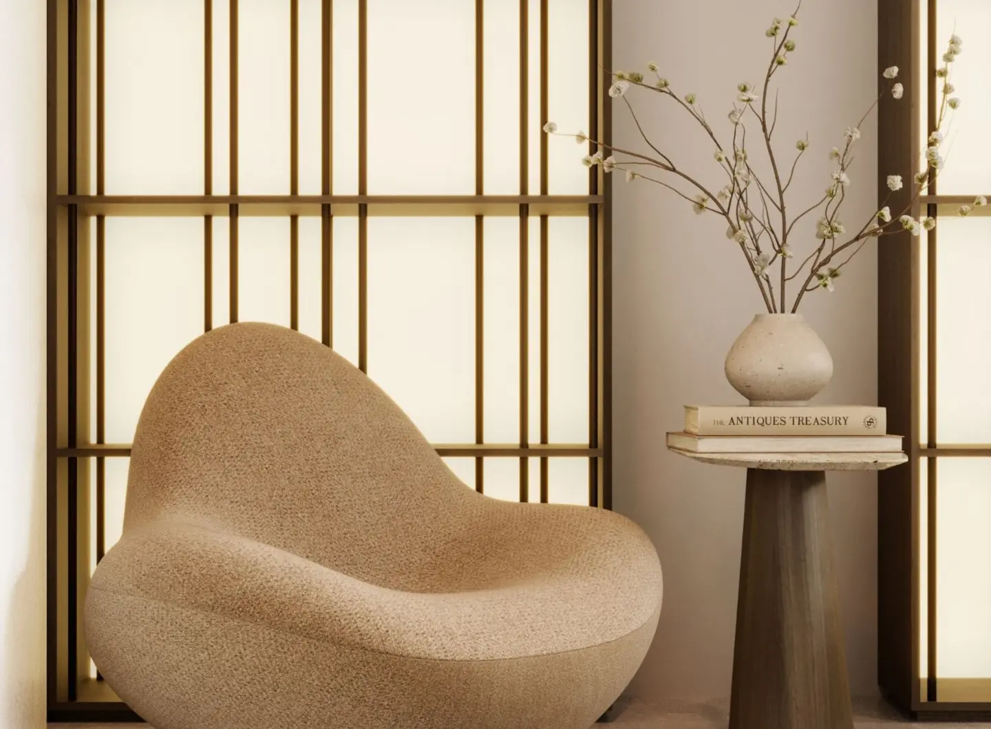 La libreria Buren è evocata da pannelli retroilluminati a griglia dietro una poltrona scultorea beige e un tavolino rotondo con un vaso in ceramica e rami fioriti, creando un angolo sereno in cui luce calda e materiali raffinati definiscono un’atmosfera contemplativa.
