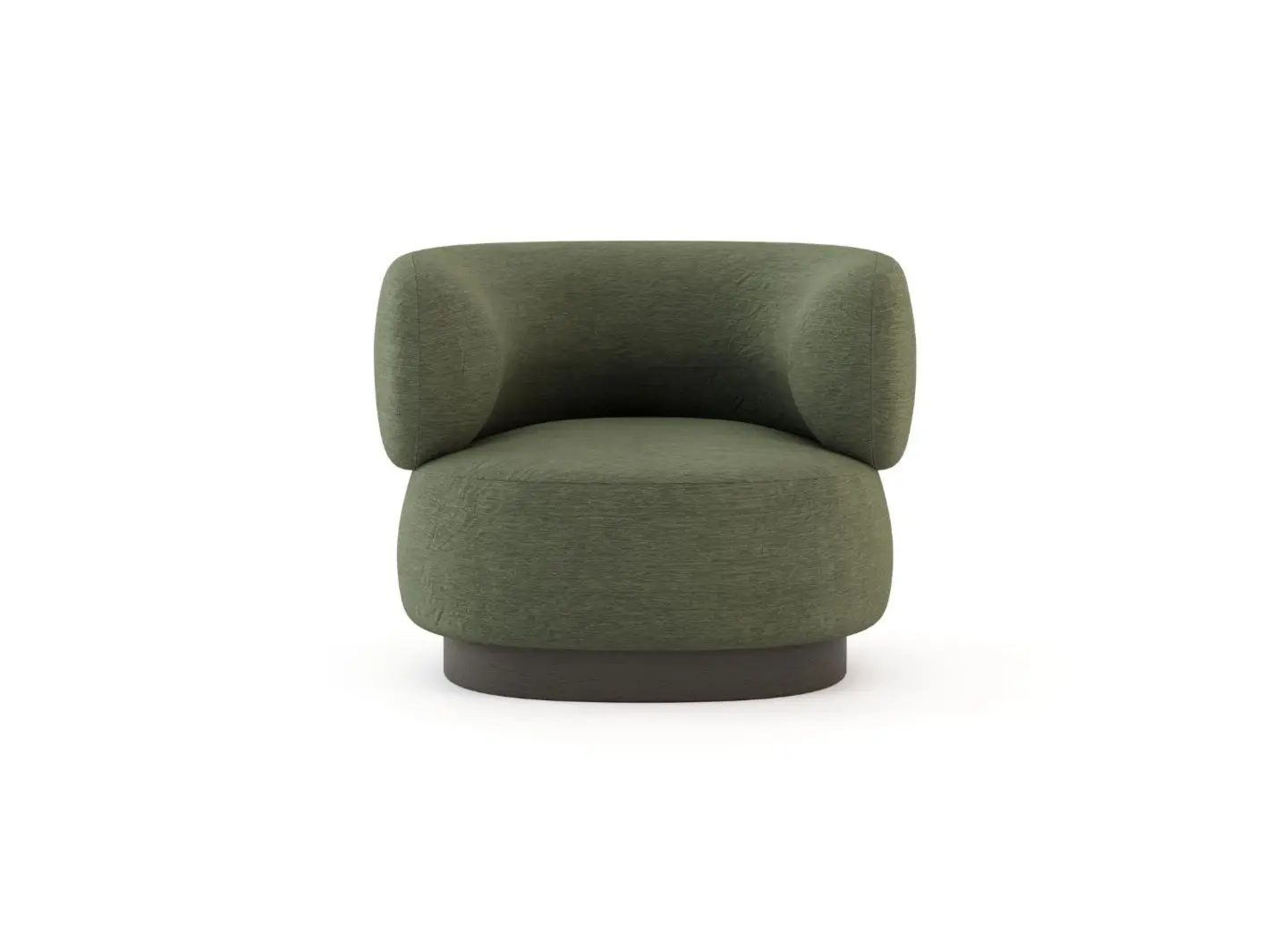 The Dolomites Armchair appears in muted olive‑green fabric with a smooth curved backrest and a thick cushioned seat, supported by a dark circular base that emphasizes its rounded, contemporary shape.