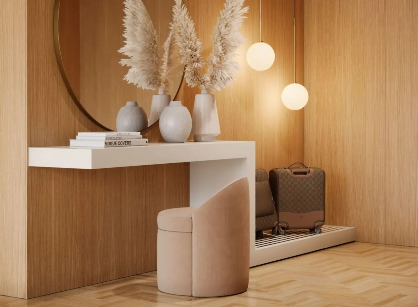 Lo Sgabello Elis è mostrato sotto una consolle sospesa bianca come una seduta cilindrica compatta con schienale curvo, rivestita in tessuto beige chiaro con pelle marrone sulla parte esterna, collocata in un ambiente minimalista e caldo con pareti in legno e illuminazione soffusa.
