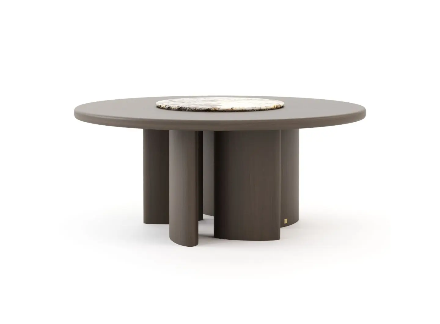 Il Tavolo da pranzo Rotondo Dolomites è mostrato come un tavolo rotondo in legno scuro con piano liscio e un inserto centrale in marmo chiaro, sostenuto da più gambe cilindriche disposte in cerchio, evidenziando il suo design scultoreo e contemporaneo.