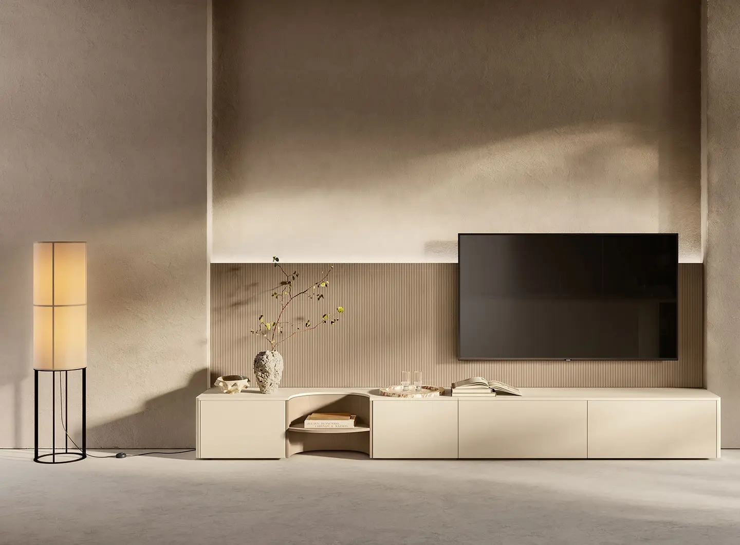 Flair Living - Mobile con terminali curvi (35 mm) e piano in laccato opaco Panna Porcellana, elemento a giorno concavo impiallacciato. Schienale impiallacciato dogato Rovere Emmer.