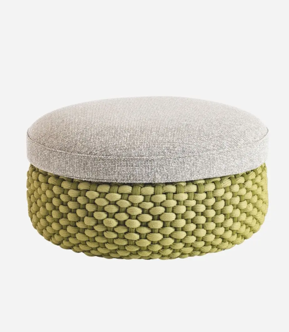 Pouf con intreccio in corda Fine Grass e cuscino in tessuto Bouclè White/Green