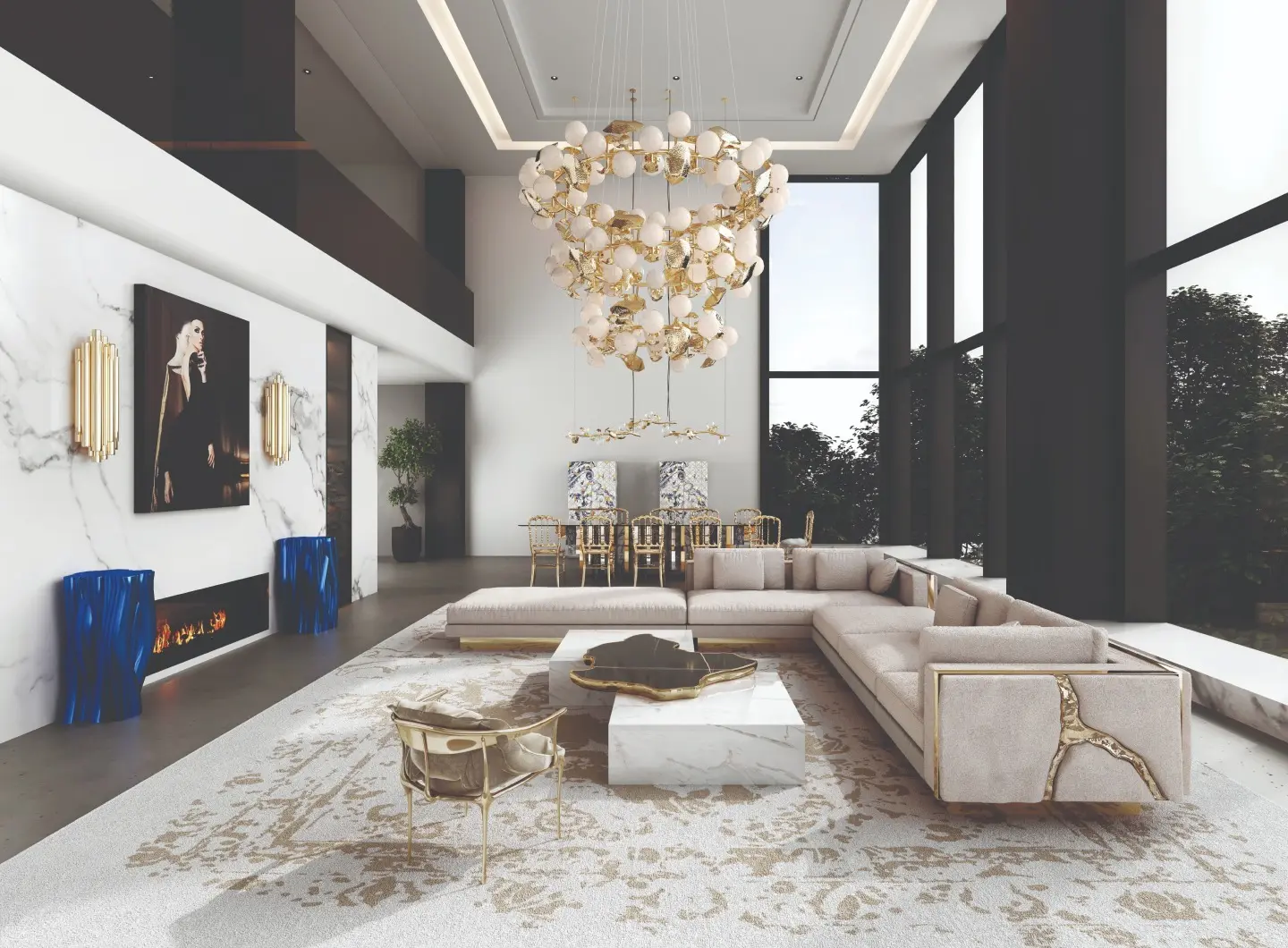 Open-plan luxury living room featuring the Lapiaz Modular Sofa, Nº11 Armchair, and the marble Navarra Center Table. The high-ceiling space is illuminated by the grand Hera III Suspension Lamp, showcasing a sophisticated contemporary design with marble accents and floor-to-ceiling windows.
