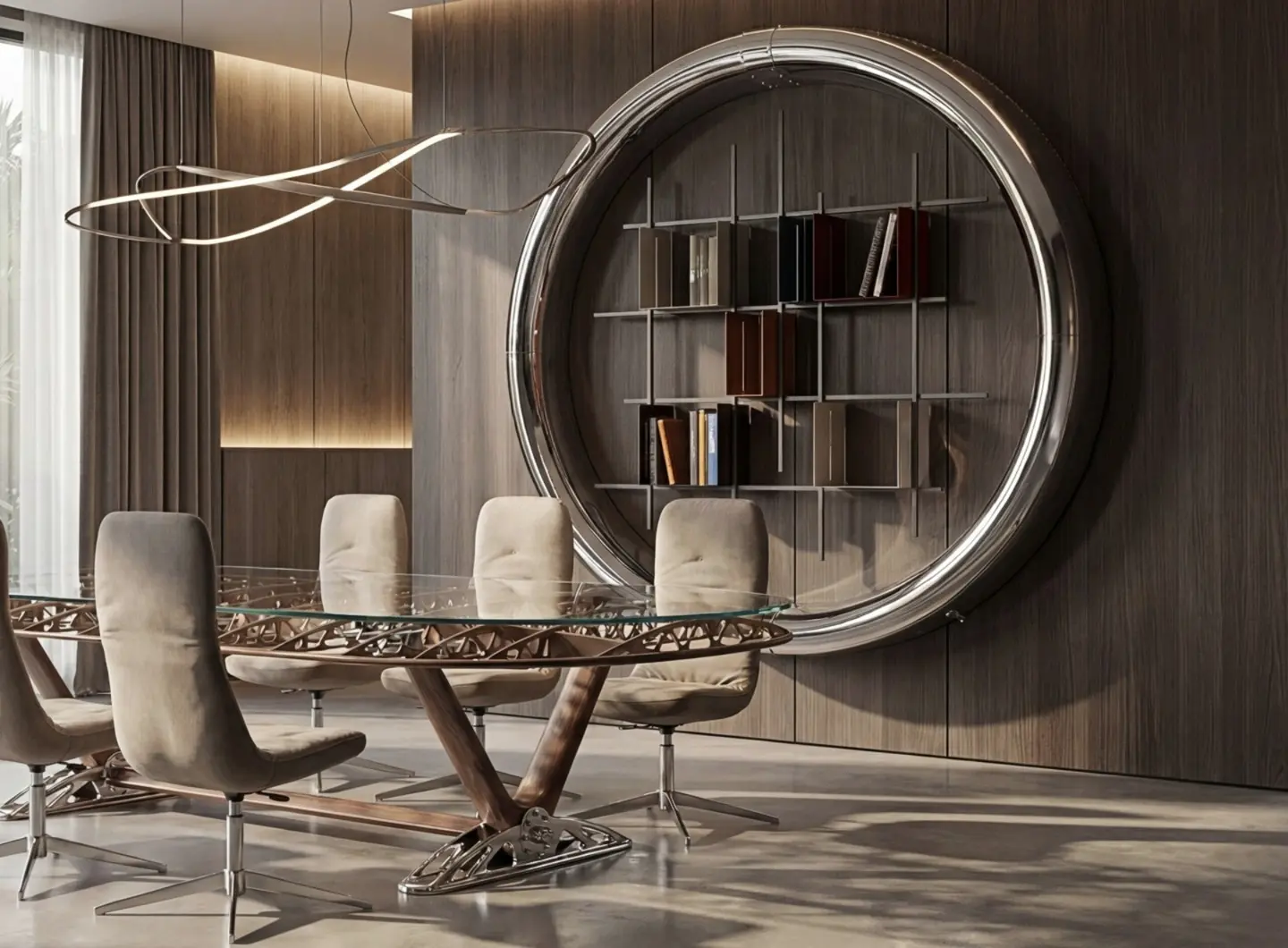 Arteinmotion dining room with glass table and aviation-inspired structure, upholstered chairs and circular bookcase with aeronautical design.