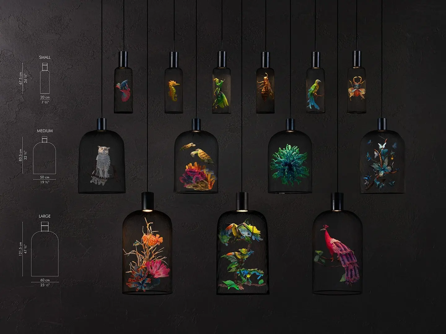 CURIO Hanging Lamps sizes and variants. From left to right, the small-sized CURIOs are: Betta Fish, Seahorse, Praying Mantis, Bee, Parrot, Beetle. The medium-sized CURIOs from left to right: Owl, Turtle, Coral, Butterfly. Lastly, the large CURIOs from left to right: Seascape, Toucan and Peacock.