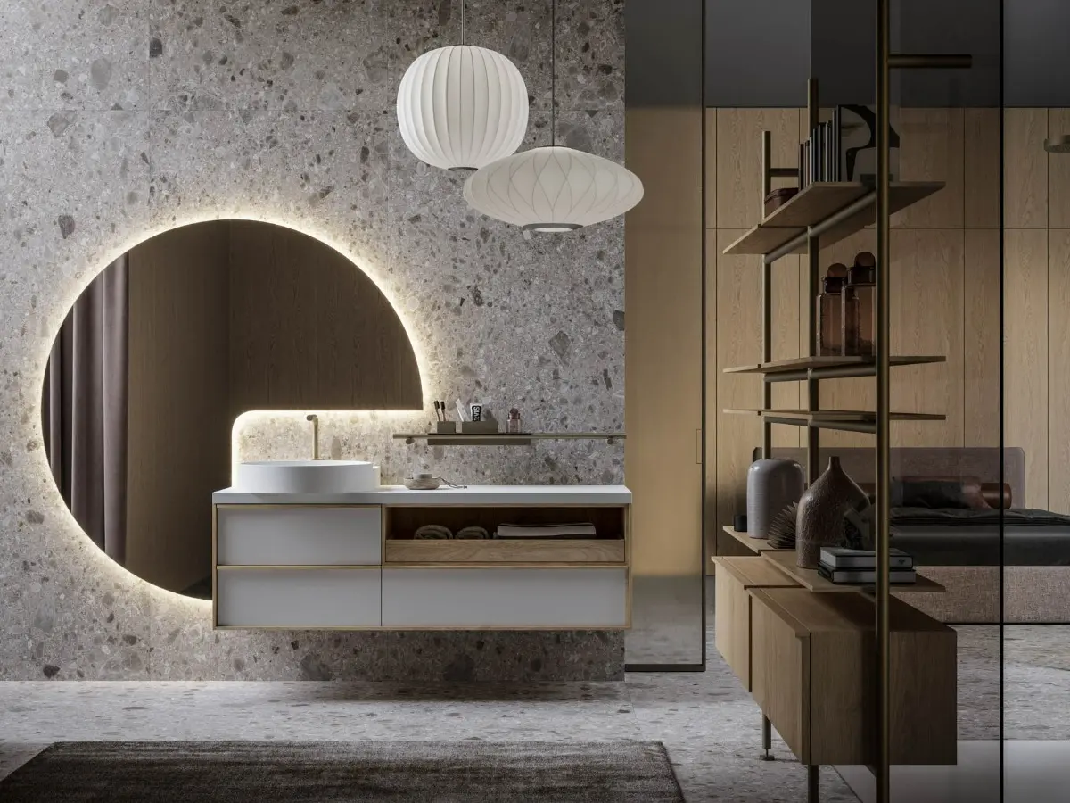 Bagno Sartus. Legno Rovere Naturale. Laccato Bianco opaco. Teknorit Bianco opaco. Metallo titanio