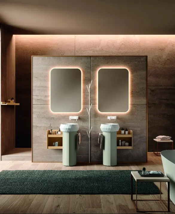 ELEMENTO A TERRA CON ANTA TONDA IN LACCATO PELTRO OPACO. PENSILE A GIORNO IN HPL ROVERE VALDWEG. LAVABO DA APPOGGIO DIAMOND IN TEKNORIT BIANCO. SPECCHIO RONDO CON LED PERIMETRALE. VASCA SALUS IN SOLID SURFACE. ATTACCAPANNI AD ALBERO IN LACCATO BIANCO OPACO.