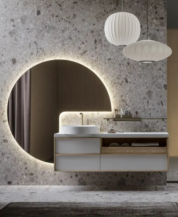 Bagno Sartus. Legno Rovere Naturale. Laccato Bianco opaco. Teknorit Bianco opaco. Metallo titanio